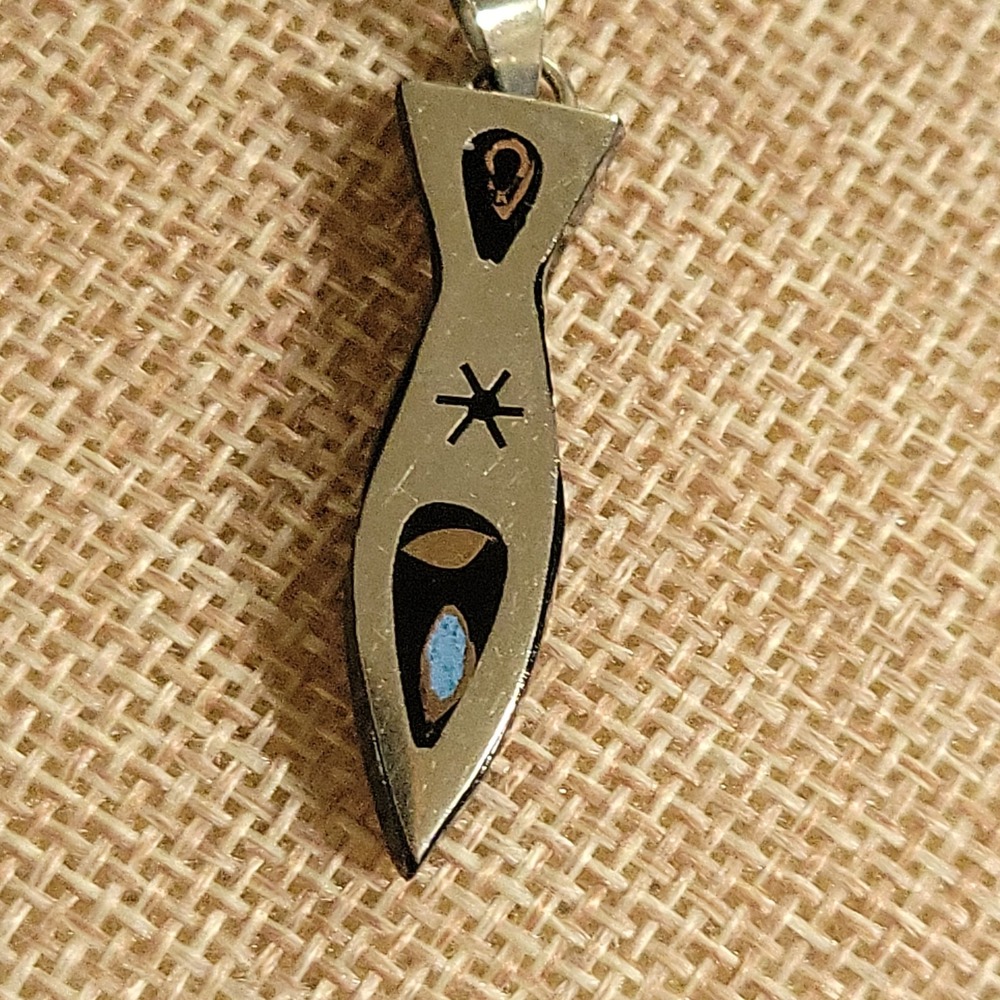 Vintage Alpaca Silver Inlay‎ Fish Pendant Charm 1.5 Inch Eclectic